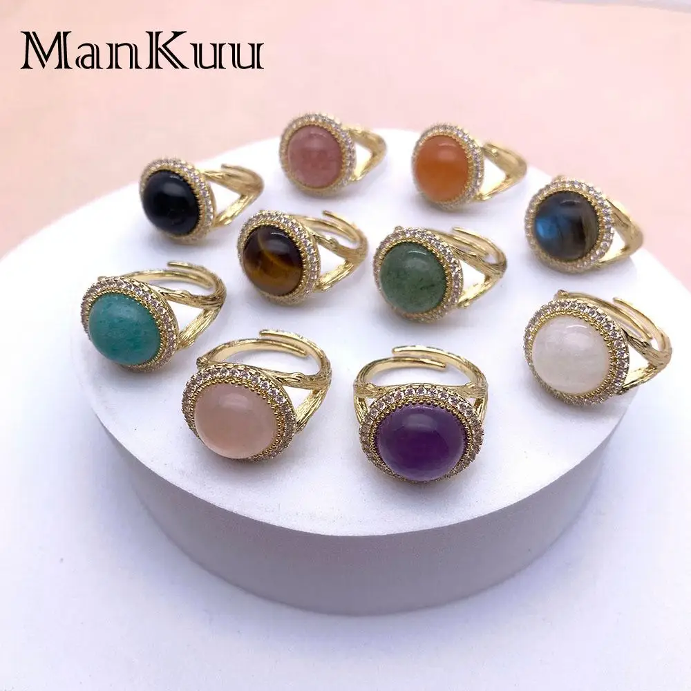 

Mankuu Fashion Jewelry Natural Round Stone Crystal With White Zircon Gold Plated Adjustable Charm Rings For Women