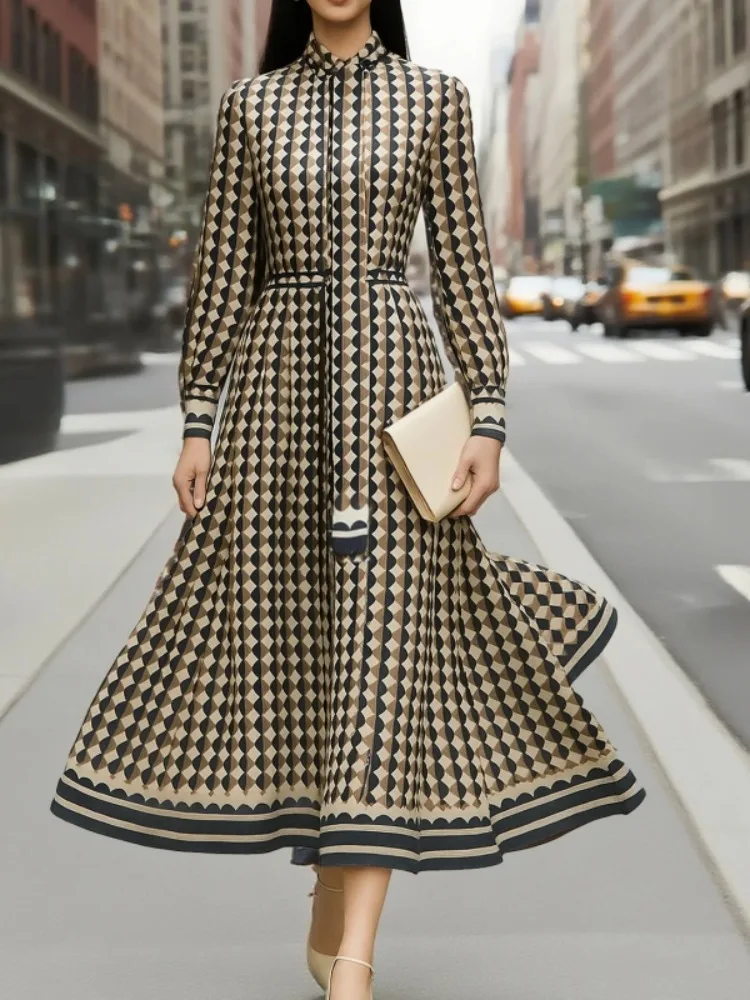 Gymystars Women's Dress Long Sleeve Stand Collar Maxi Dresses Fashion Geometric Rhombus Loose Elegant High Waist Female Rube