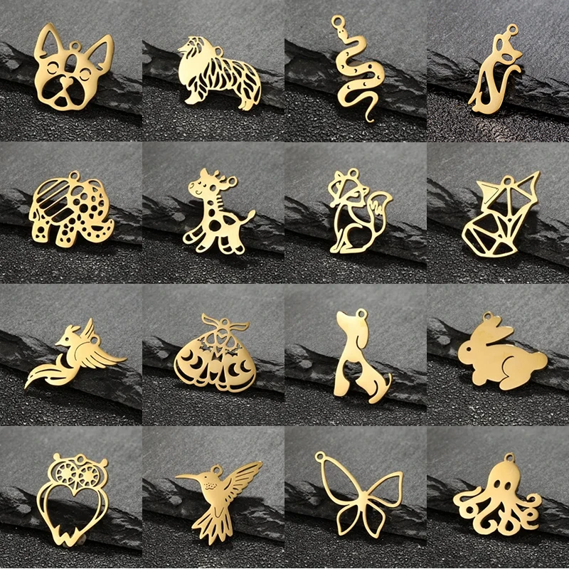 Breloques en acier inoxydable, 5 pièces, lapin mignon, loup, renard, éléphant, chien, animaux, pendentifs pour bricolage, fabrication de bijoux faits à la main, accessoires artisanaux
