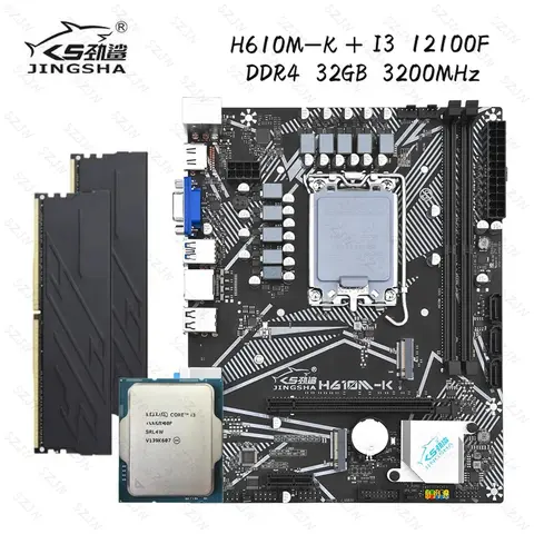 JINGSHA H610M-K Motherboard Set with Core I3 12100F Kit DDR4 32GB 3200MHz PCI-E 5.0 Support M.2 NVME NGFF SATA 3 Desktop ATX