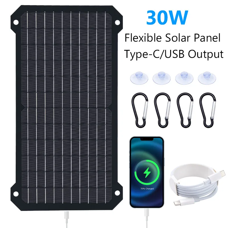 

30W Flexible Monocrystalline Solar Panel Type-C/USB Output Outdoor Charger Power Bank Portable for Phone Camping Tablet Car