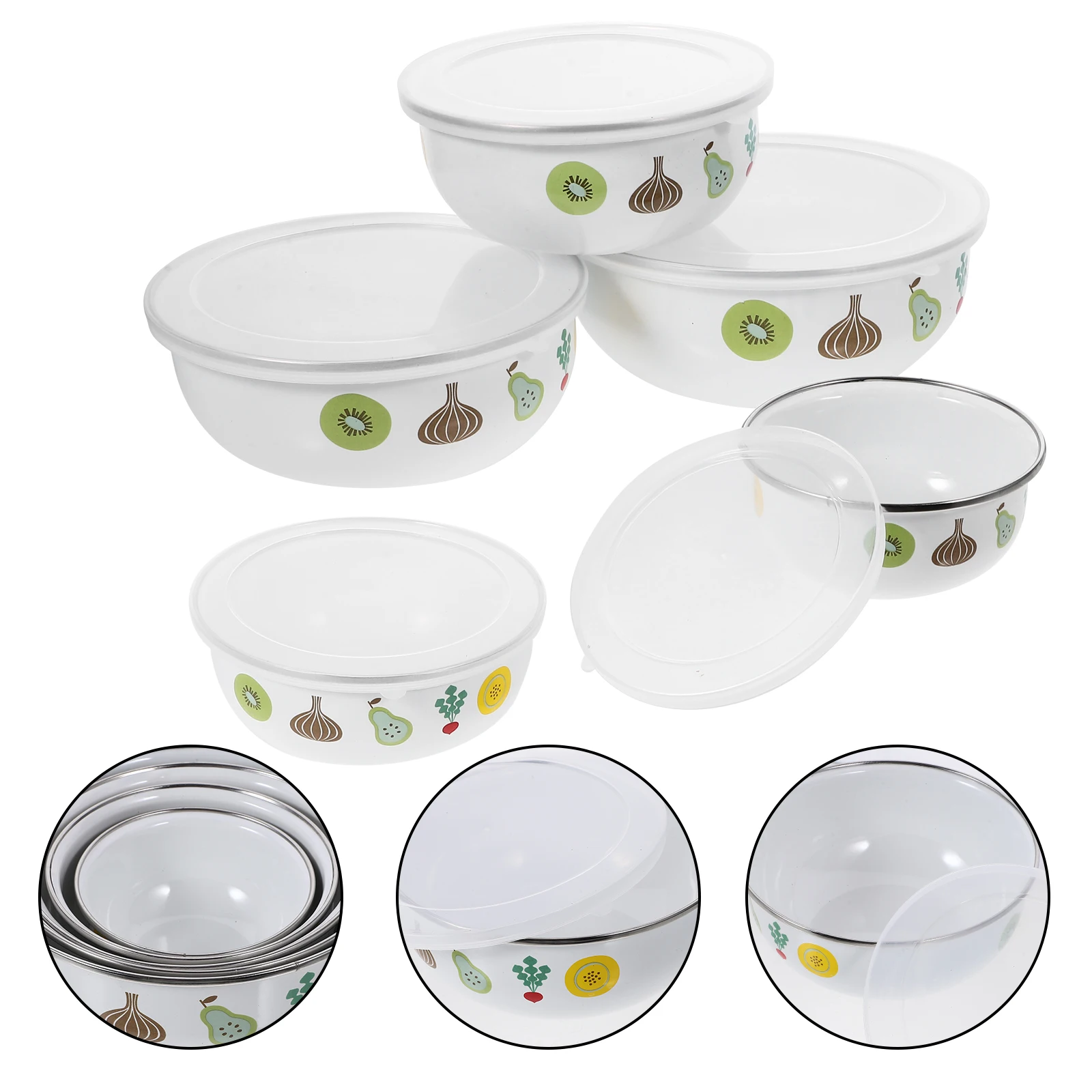 

5 Pcs Fresh Keeping Bowls Set Enamelware Storage Containers Deep Mixing Serving Bowls Lids Lightweight Practical Home Camping