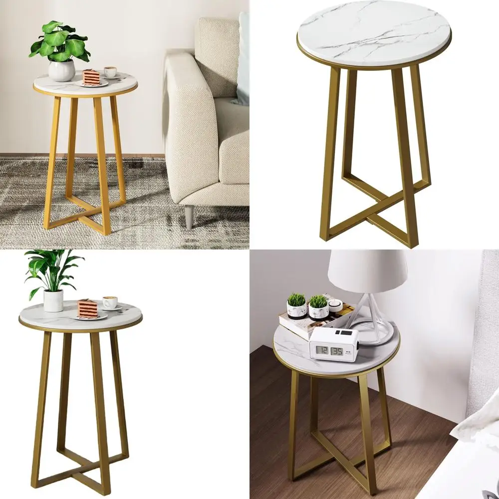 

White Marble Top MDF Side Table with Gold Metal Frame for Living and Bedroom Use