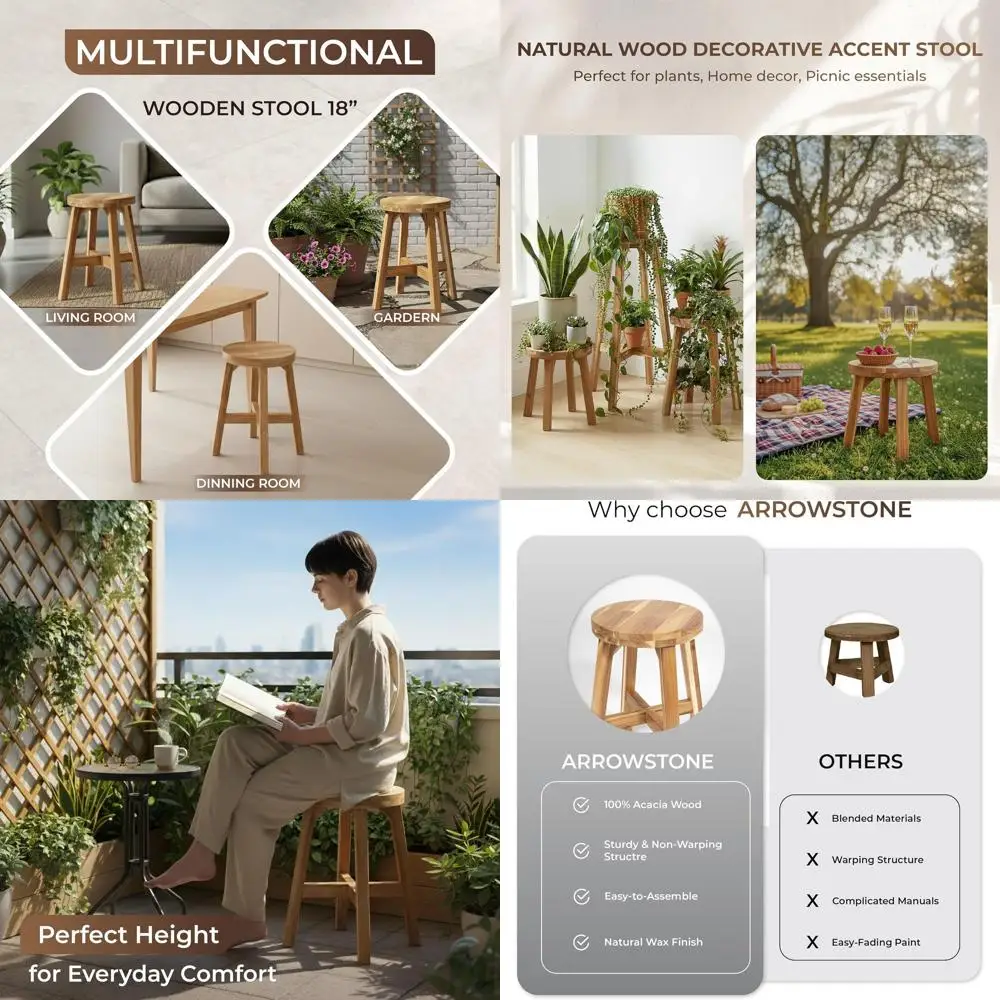

Acacia Wood Round Stool, 18 High, 11 Diameter, Backless, Easy to Assemble, Natural Waxed Finish, Ideal for Plants, Dining, Kitch