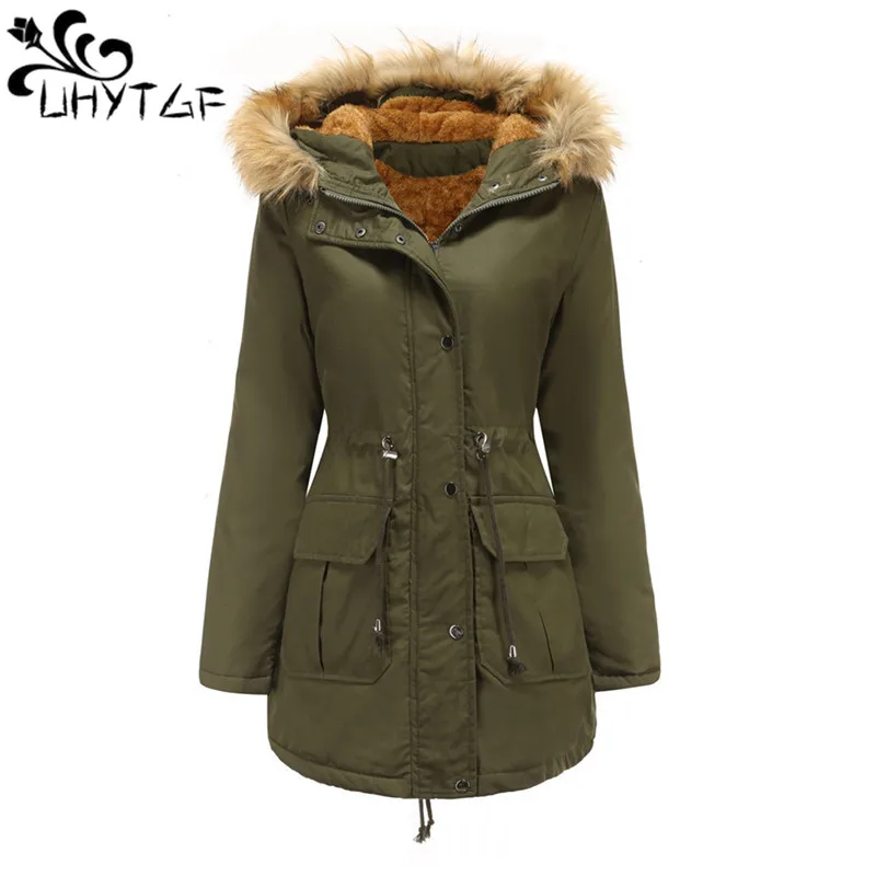 

UHYTGF Jacket Women's Winter Parkers Coat Female Plush Thicken Fur Collar Hooded Windproof Warm Overcoat Ladies Outerwear 2266