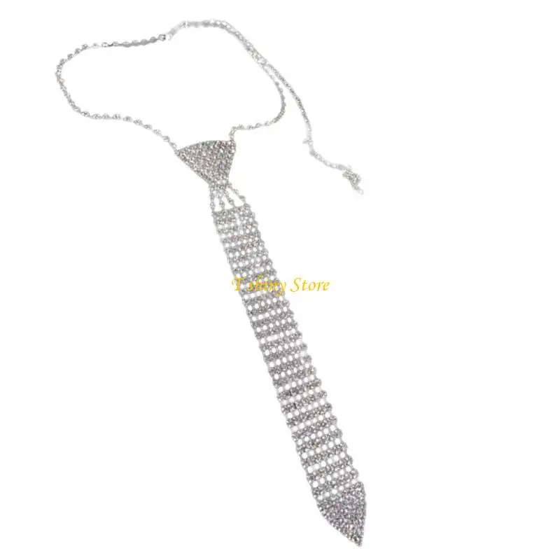 Women Rhinestones Necktie Necklace Rhinestones Neck Tie for Women Halloween Party Costumes Jewelry Accessories