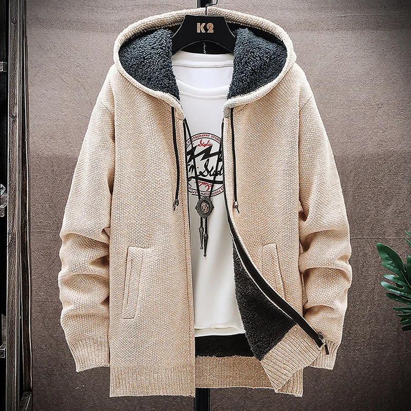 Autumn/Winter New Men's Casual Knitted Cardigan Sweater Hooded with Thick Velvet for Warmth and Versatile Casual Sweater Jacket