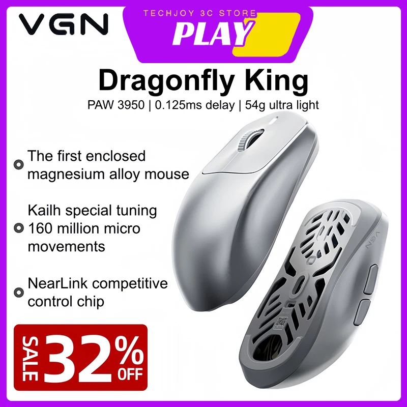 

Беспроводная мышь VGN Dragonfly King из магниевого сплава, легкая игровая мышь, двойная легкая эргономичная беспроводная мышь 8K PAW3950