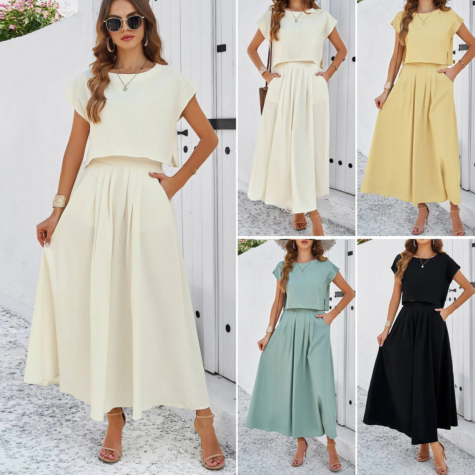 Spring Summer Women's Casual  Color Sleeveless Vest Top Skirt Set Elegant Commuter Style U-Neckline A-Line Narrow Strap