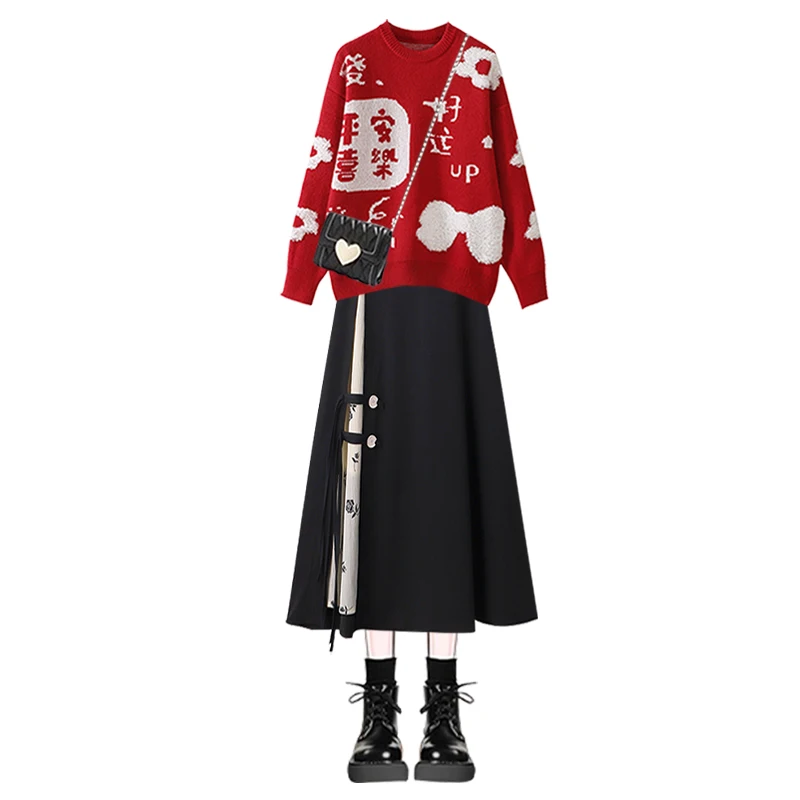 Czerwony dzianinowy sweter i spódnica, damski zestaw na Nowy Rok, tradycyjny chiński Hanfu, ulepszona spódnica o długości do kolan, dwuczęściowy komplet.