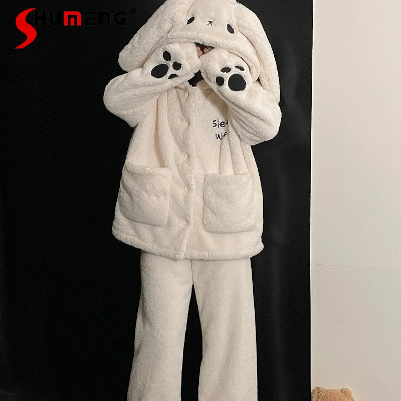 

Winter Cute Fleece Pajamas for Women Bunny Thickened Warm Wearable Homewear Set Female Japanese Style Sleepwear Suits