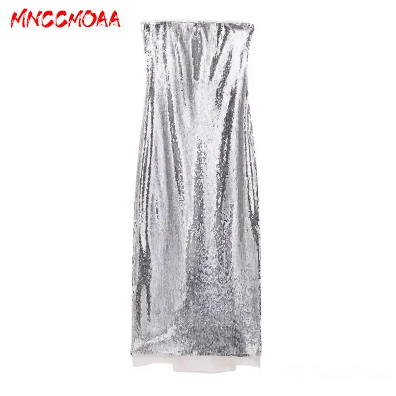 

MNCCMOAA-Women's Silver Sequin Dress, Sleeveless, Backless, Midi Party Dress, Female Fashion, Sexy, New, 2024