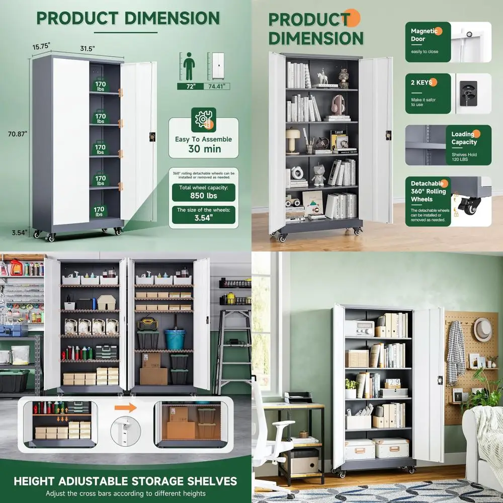 Metal Garage Storage Cabiwith Lock Door and Adjustable Shelves, Steel Tool Cabior Home,Oice,Warehouse Orgaeren (Grey White, 75