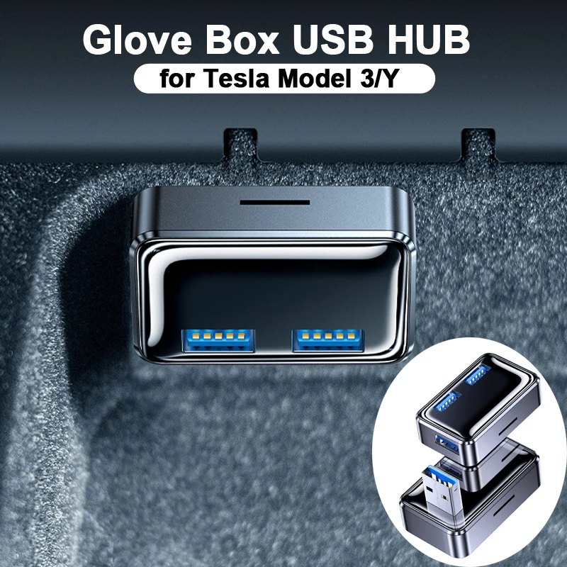 Car USB Hub 3.0 for 2023 Tesla Model 3 Y High Speed 3 Ports Mini Cube USB Docking Station for Glove Box USB Adapter Accessories