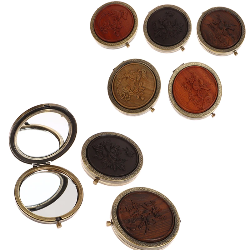 휴대용 레트로 컴팩트 접이식 포켓 거울, 나무 접이식 포켓 거울, 빈티지 꽃 메이크업 거울, 여성 선물