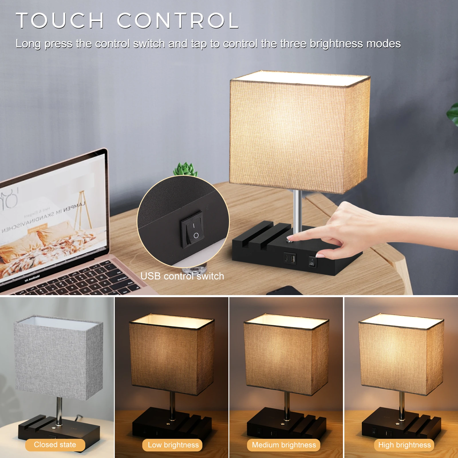 Fabric Bedside Table Lamp Nightstand Lamp Desk Light with Warm White LED Bulb Touch Control 10W Wireless  USB A Type-C Charging