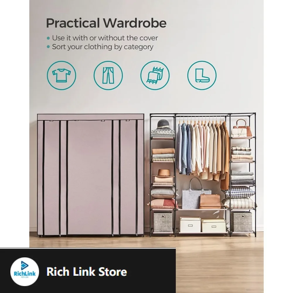 

Closet Wardrobe, Portable Closet for Bedroom, Clothes Rail with Non-Woven Fabric Cover, Clothes Storage Organizer, 59 x 17.7 x