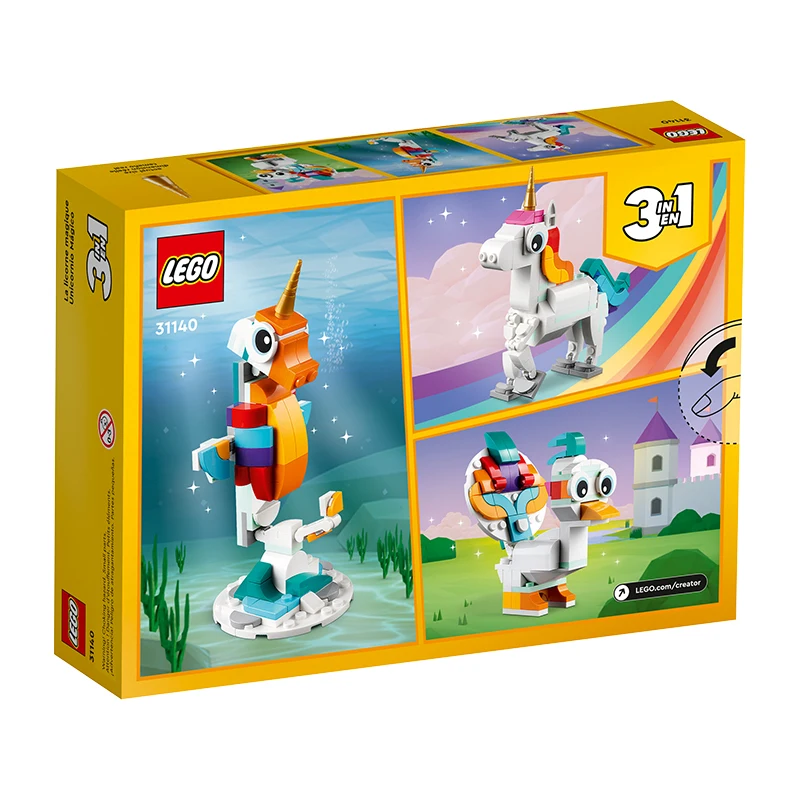 

Lego 31140 Creator 3 in 1 Magical Unicorn Toy, Transforms from Unicorn to Seahorse to Peacock, Rainbow Animal Figures 145 PCS