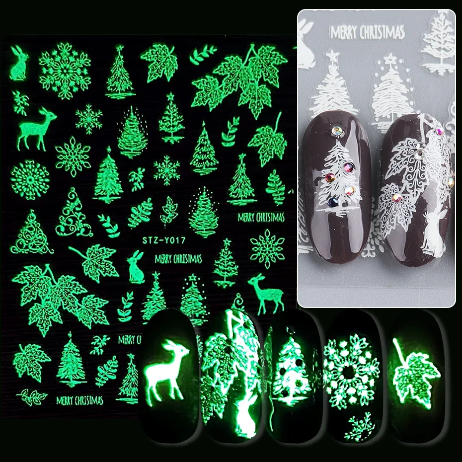 Glow in the Dark Xmas Luminous 3D Stickers Winter Snowflake Holiday New Year Sliders on Nails Art Accessories Decals BESTZY01-18