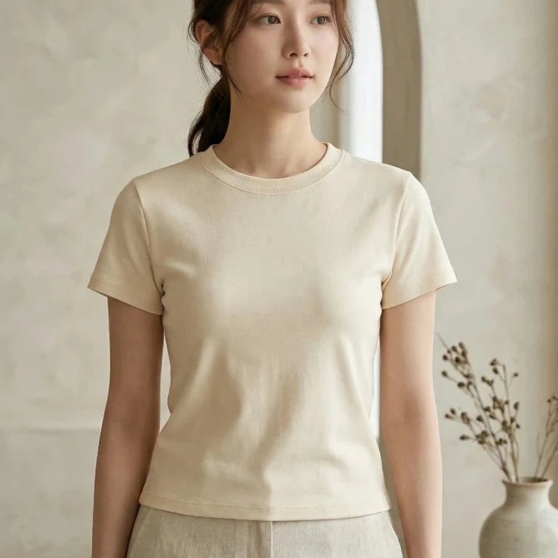 Trendy Slim Fit Short Sleeve O-neck Cotton Tops 2026 Spring Summer Women's T-shirt Korean Harajuku Streetwear Casual Tee