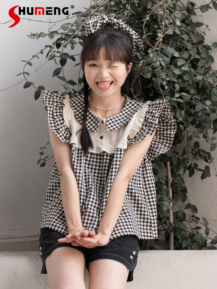 

Japanese Style Sweet Cute Doll Collar Stitching Short Flying Sleeves Ruffled Plaid Loose Casual Shirt Top for Women Summer 2024