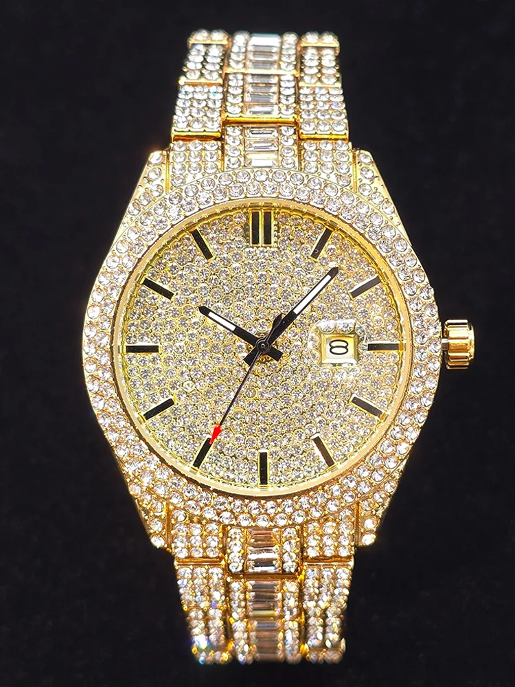 

Men's Iced out Diamond Gold Watch Luxury Stylish Design Quartz Waterproof Wristwatch with Calendar - Unique Gift for Him