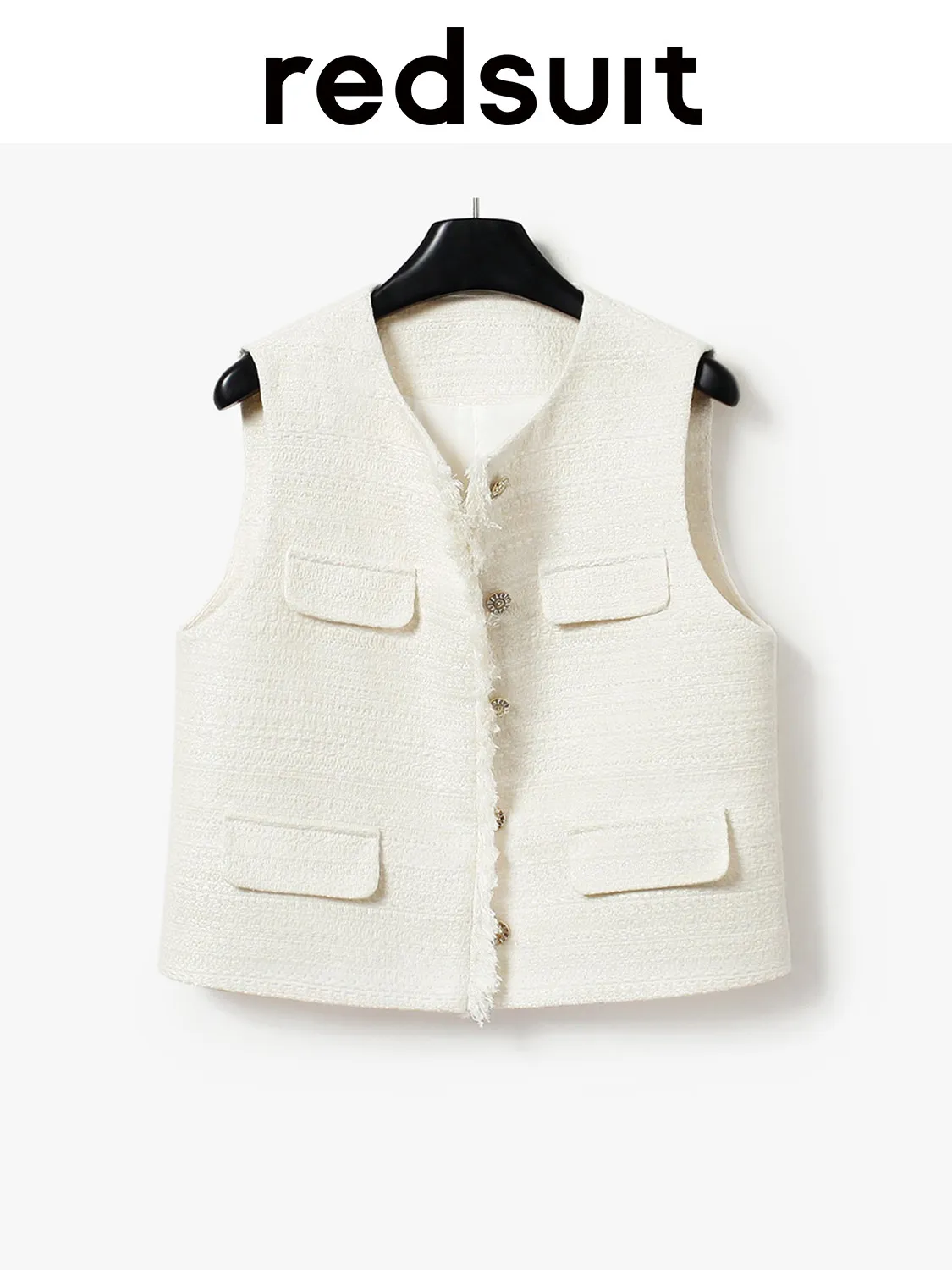 New Elegant exquisite round neck short tassel light and thin coarse tweed white vest Custom size