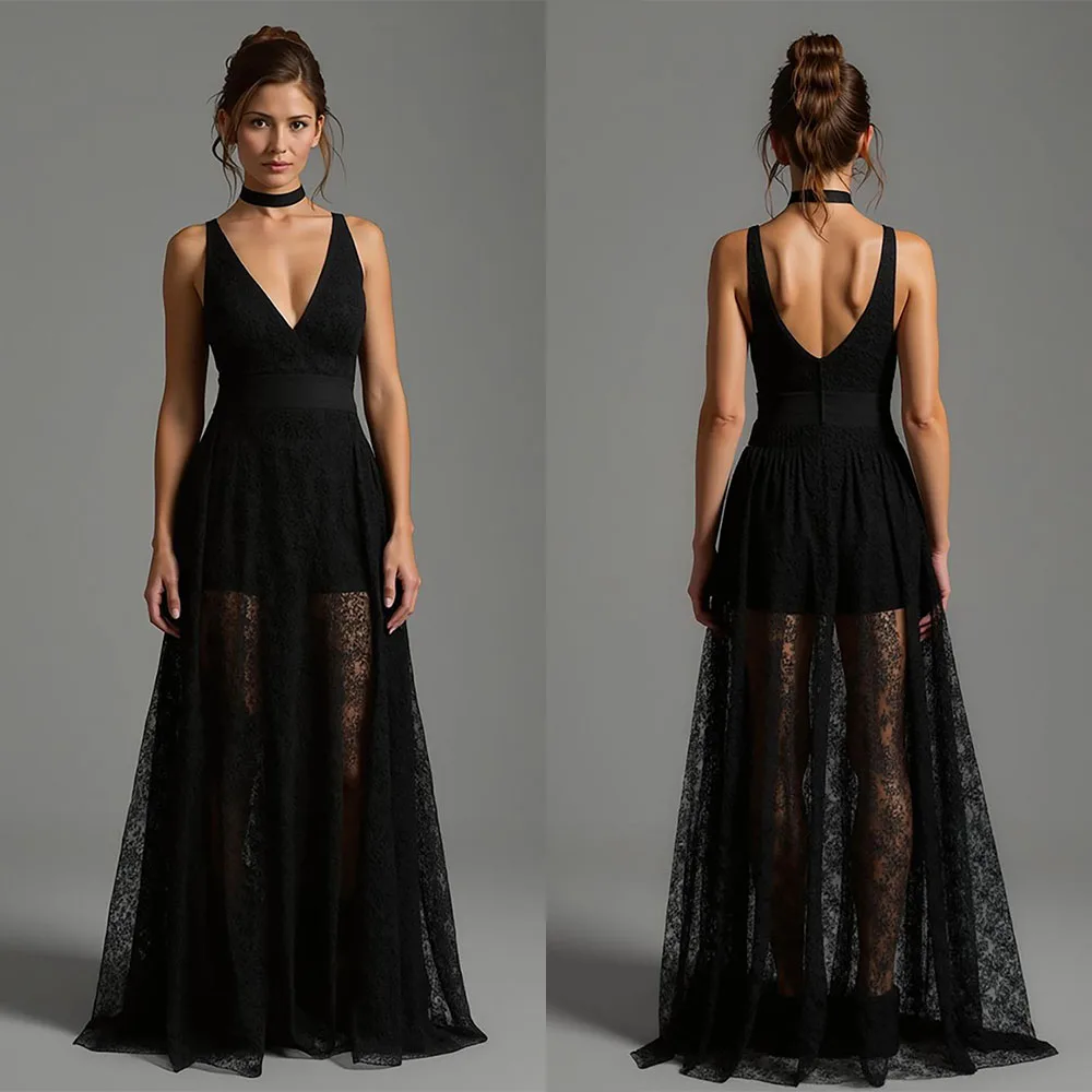 

High Quality Customized V-neck Sleeveless Tulle Black A-line Vestidos Para Bodas Mujer Invitada Robes De Soirée Prom Dresses