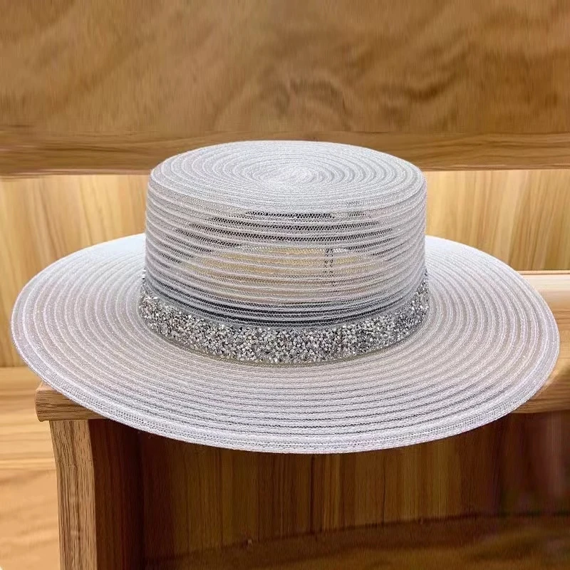 Classical Women Sun Hats foldable Breathable White Black Church Hat for Ladies Rhinestone Band Summer Hat Flat Boater Beach Hat