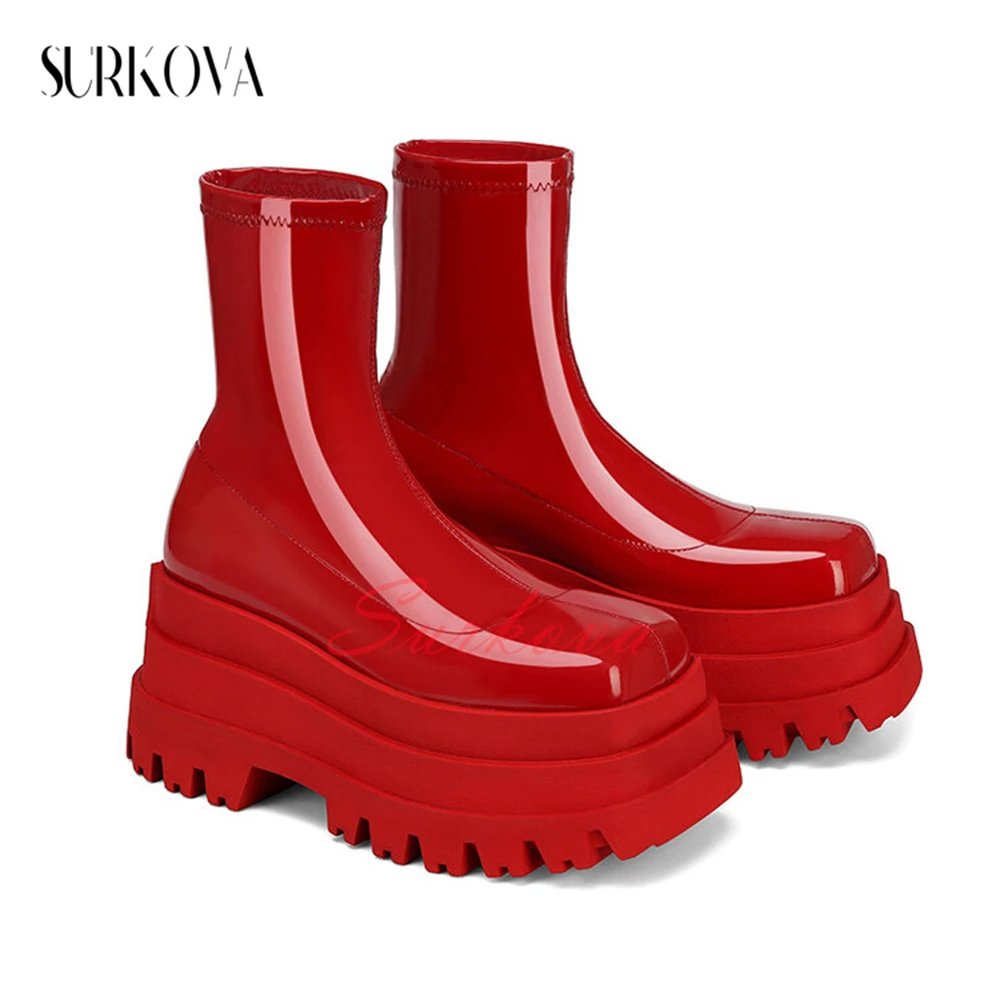 Women\'s Solid Color Patent Leather Platform Boots Round Toe Slip On Ankle Boots Ladies Fashion Boots Casual Shoes for Women New