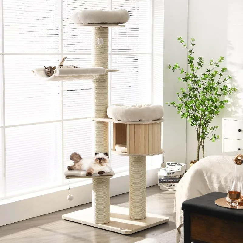 

Modern Wood Multi-Level Large Cat Tower, Hammocks & Hanging Basket, Tall Cat Tree w/Sisal Posts, Washable Cushions, for Indoor