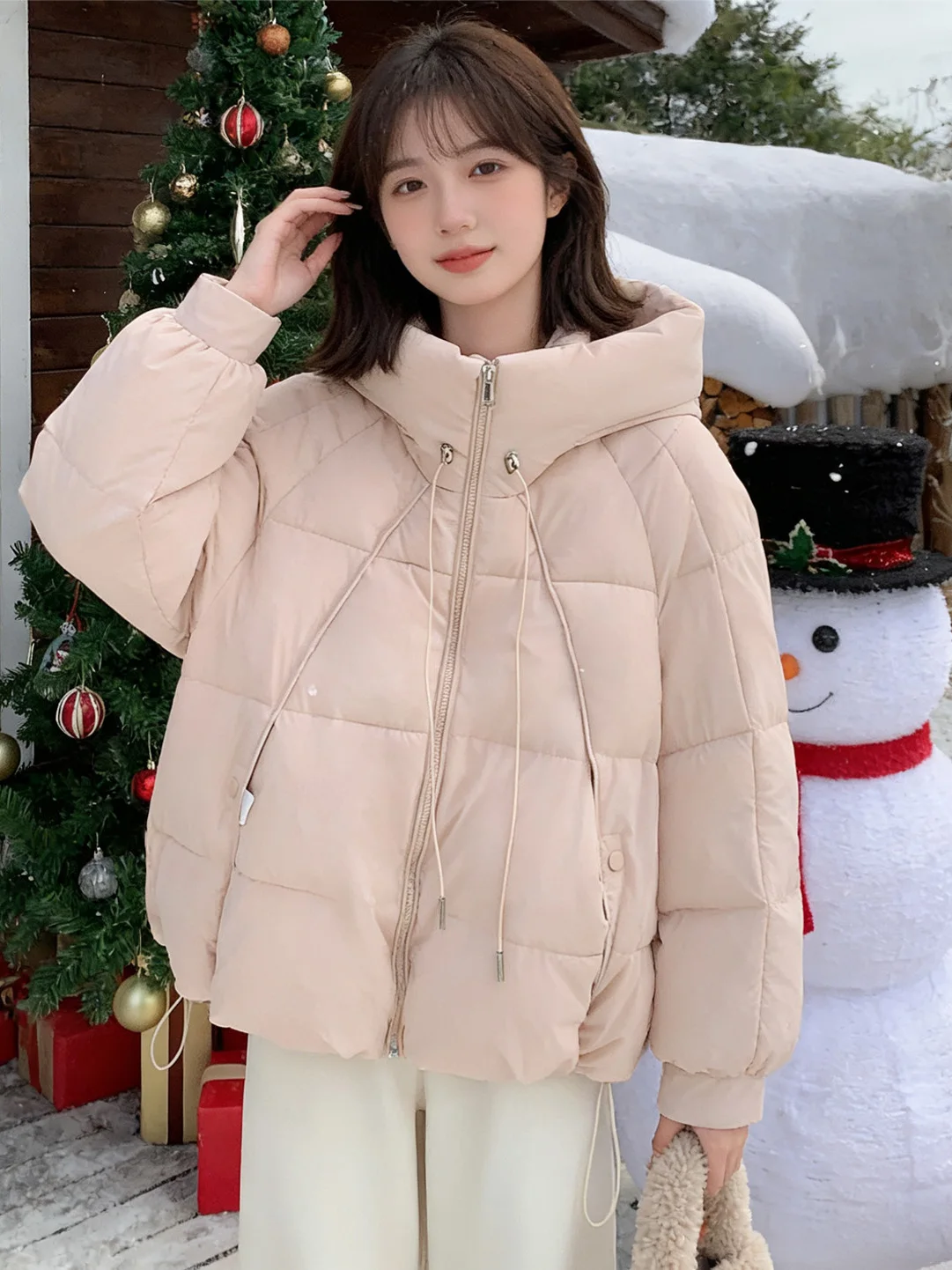 

Winter Thickened Hooded Stand Collar Women's Jacket Sweet Style Pink Versatile Coat Korean Version Loose Fit Zipper Closure