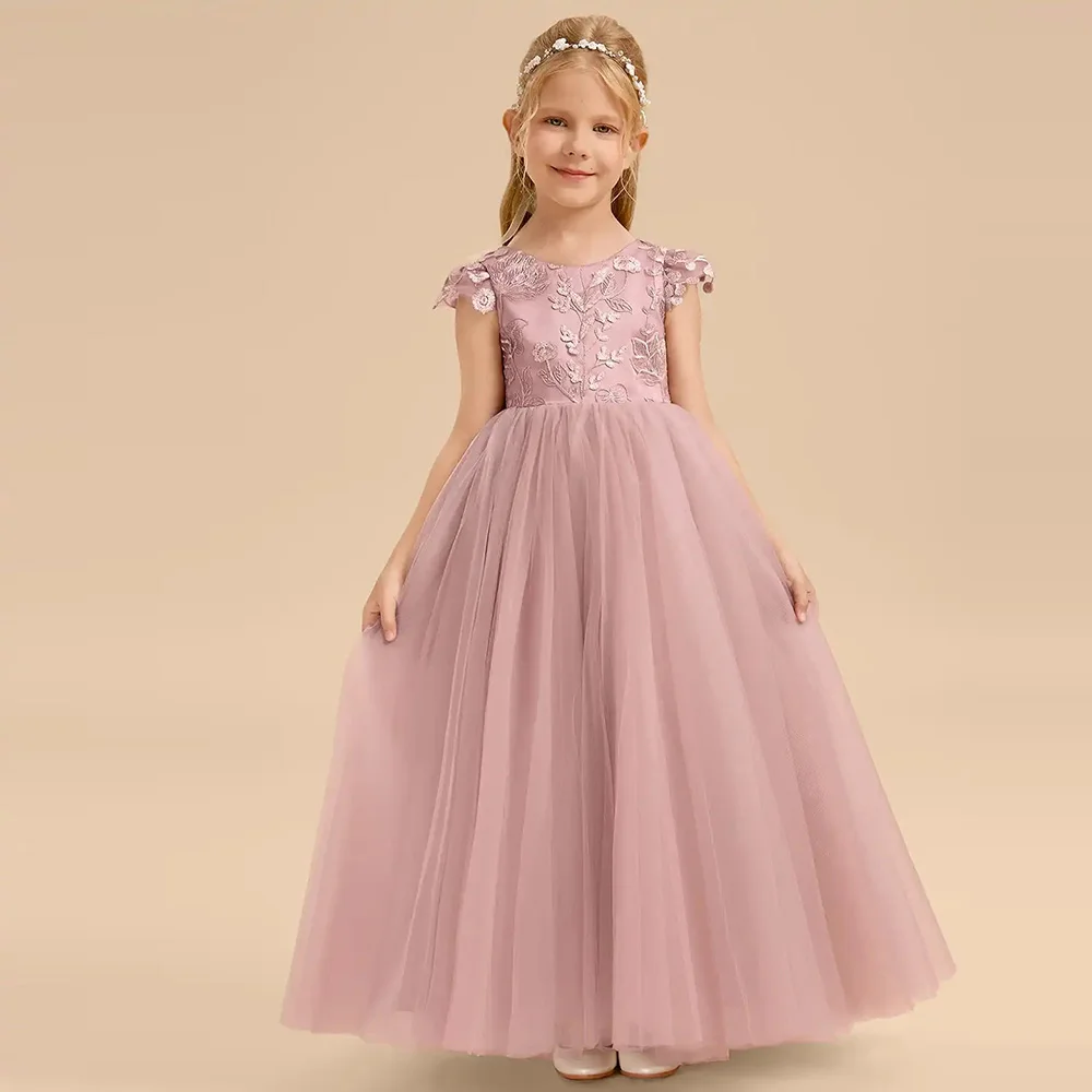 Customized Dusty Rose Tulle Flower Girl Dresses With Bow Lace Applique O Neck A-Line Wedding Party Dress Princess Birthday Gowns