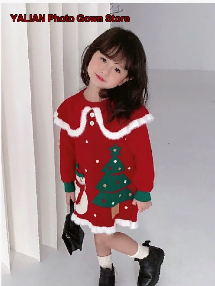 Girls Red Festive Dress Western Style Fold Collar Cartoon Print Pure Cotton Anti-Pilling Knit Dress