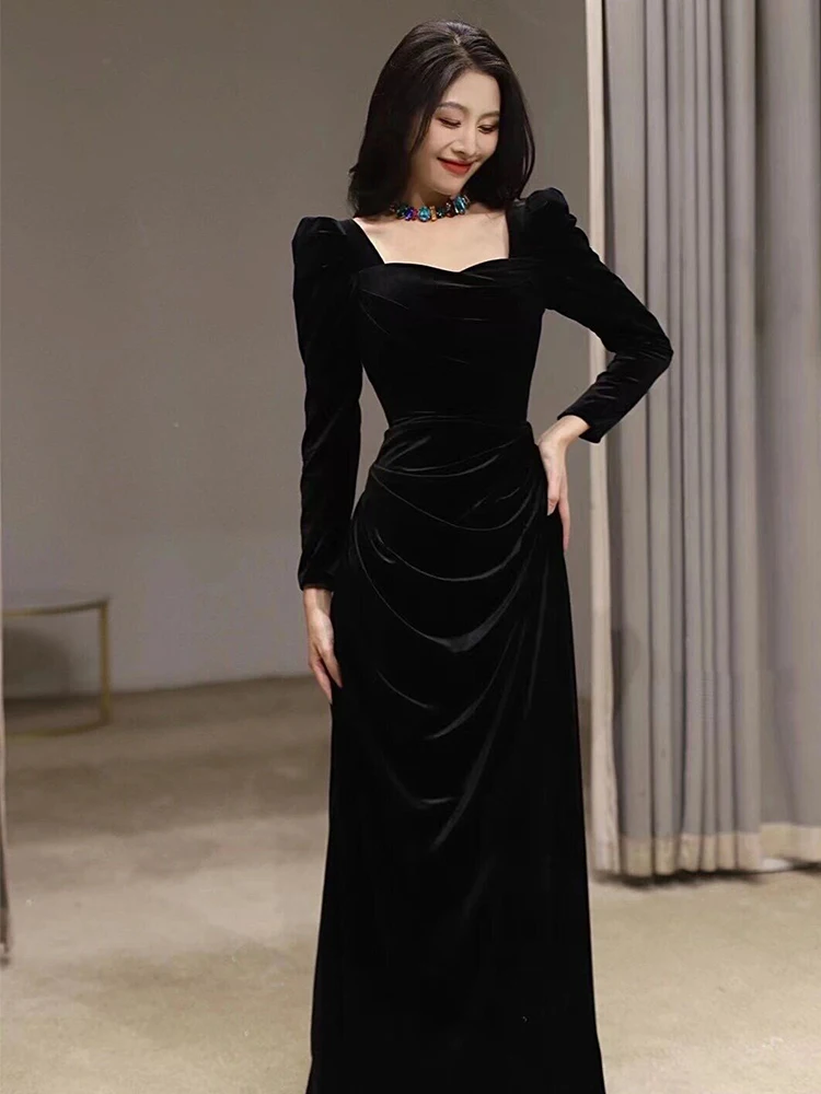 

Ele Bla Velvet Evening Gown Women's High-End Sensation Long Sve Fi Tail Dr Luxury Aosphere Ceremony Dr