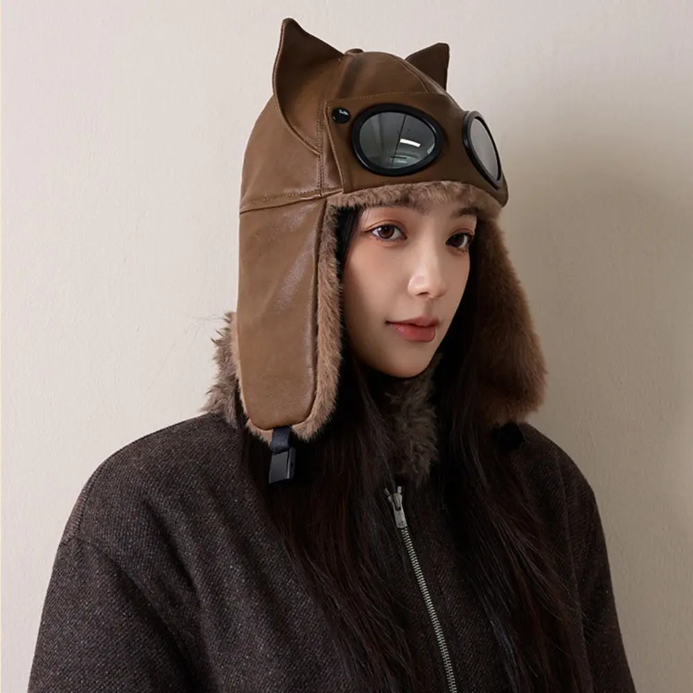Casual Windproof Winter Pilot Hat With Goggles Beanie Pu Warm Ski Hat Velvet Neck Protector Cycling Lei Feng Hat Motorcycle
