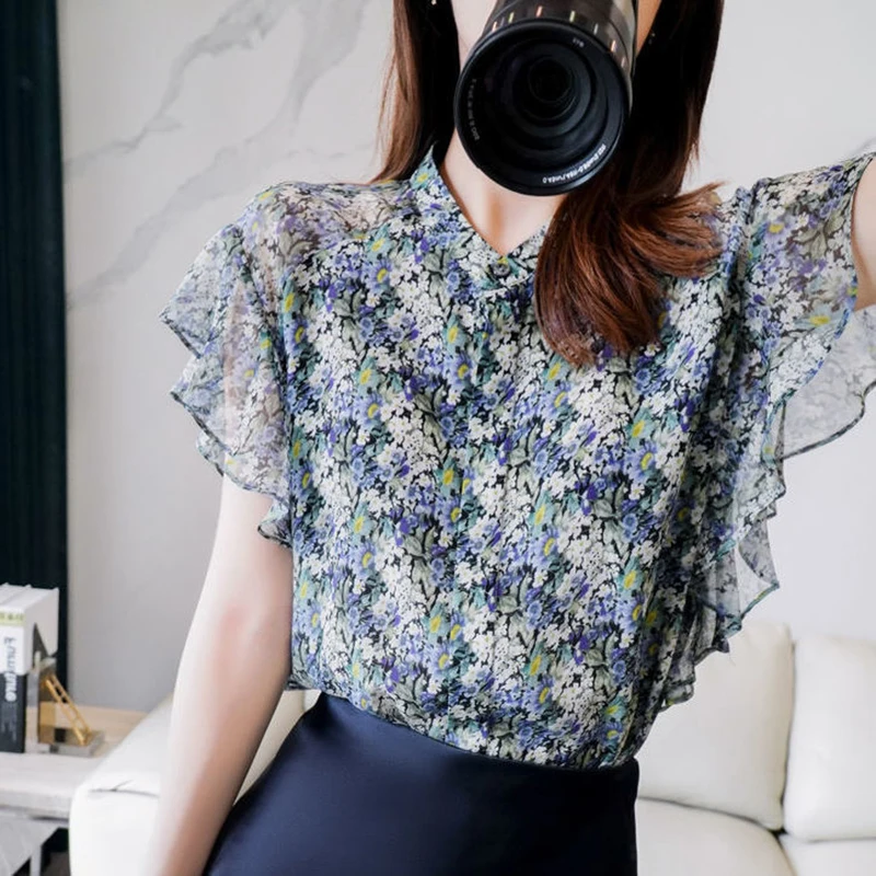 Elegant Printed Butterfly Sleeve Floral Chiffon Shirts Women\'s Clothing 2024 Summer Loose All-match Tops Office Lady Blouses