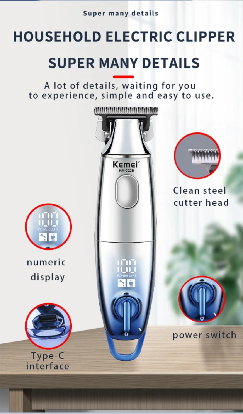 Rechargeable Professional Hair Trimmer Barber Cordless Haircut Machine Beard Trimmer For Men Hair Styling Tools  Km-3230