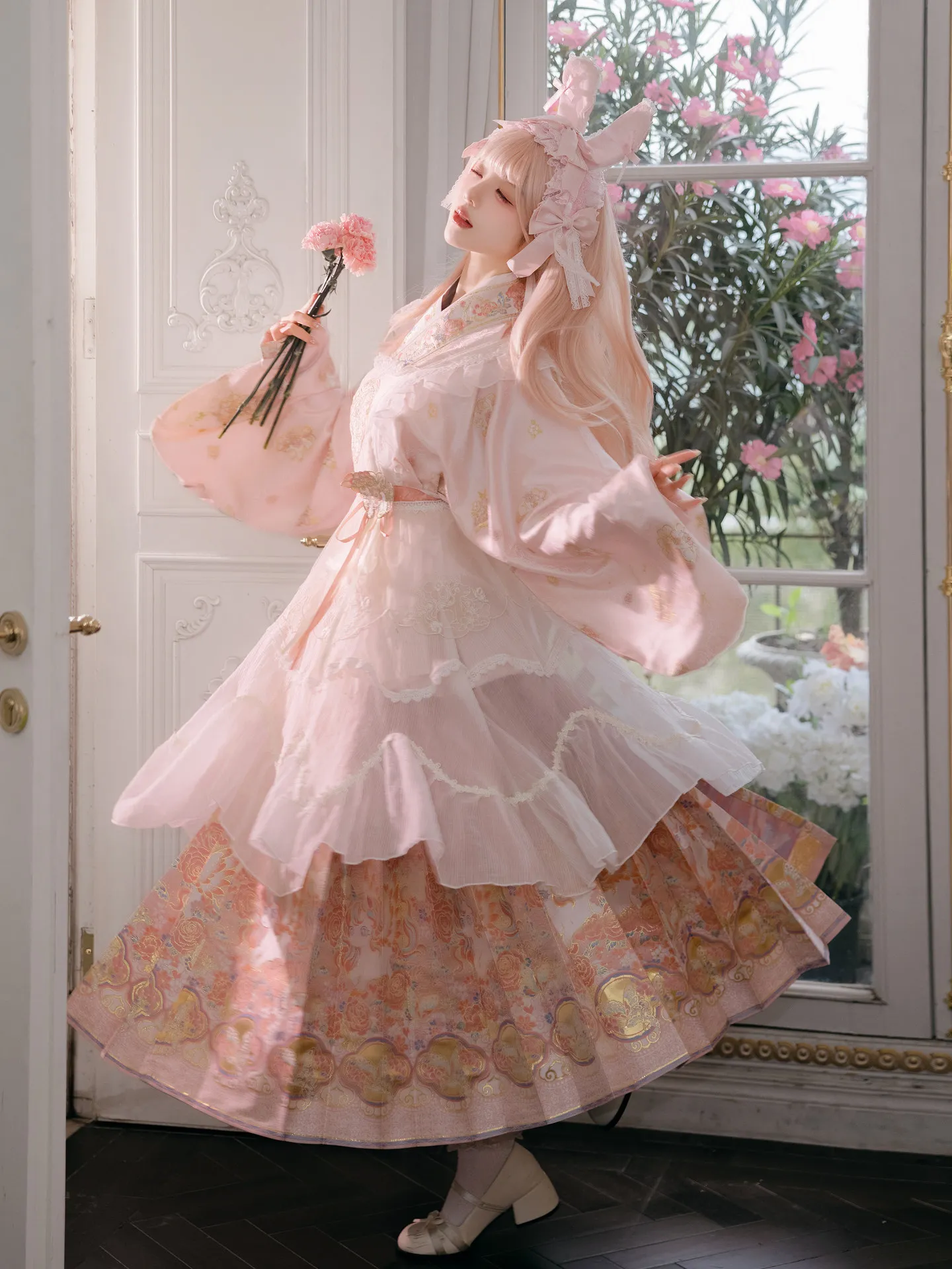 Chinese Hanfu Set Pink Ming Style Horse Face Skirt Blouse With Overlay Skirt Vintage Han‑y Fusion Cosplay Party Outfit