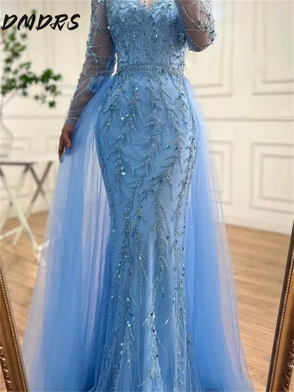 Elegant Mermaid Evening Gown Charming Beaded Party Dress Solemn Long Sleeve Removable Skirt Gown Customized Vestidos De Novia