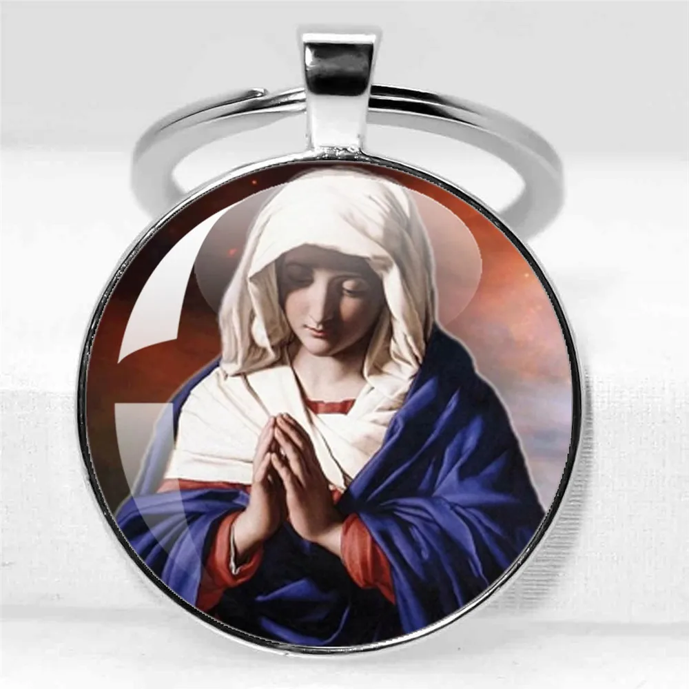Virgin Mary Religious Glass Pendant Keychain Religious Faith Fashion Religious Keychain  Jewelry Charm Gifts