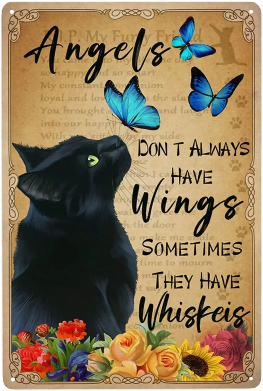 Angels Don't Always Have Wings Sometimes They Have Whiskers Vintage Metal Sign, Black Cat Wall Decor Art, Funny Home Accesso