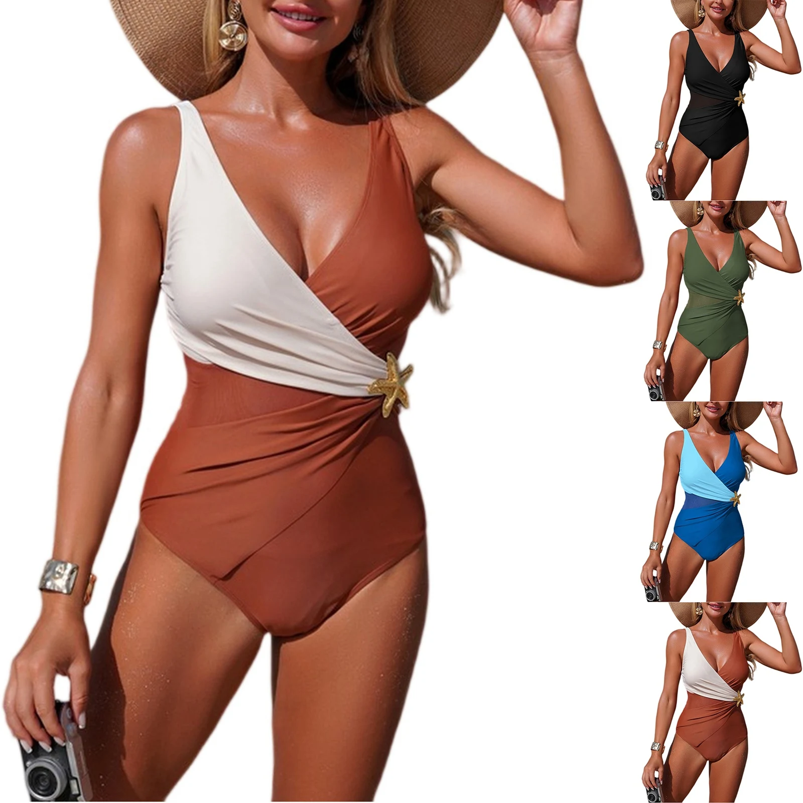 Summer Cross Front Starfish Decor Sexy Swimsuit Mesh Panel Crisscross Back Swimsuit Lace Up Tummy Control Ruched Bathing Suit
