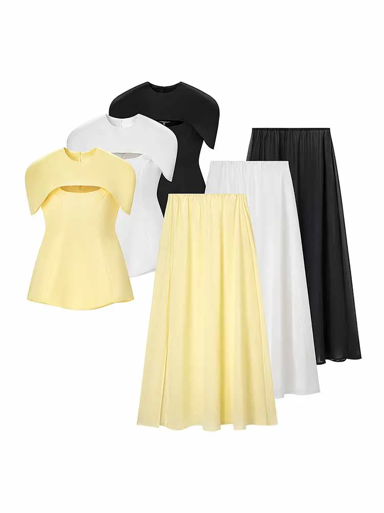 

HH Woman Spring Fashion Versatile Sleeveless Solid Color Camisole Tops+ Elastic Midi Skirt Female Casual Dress Three Piece Set