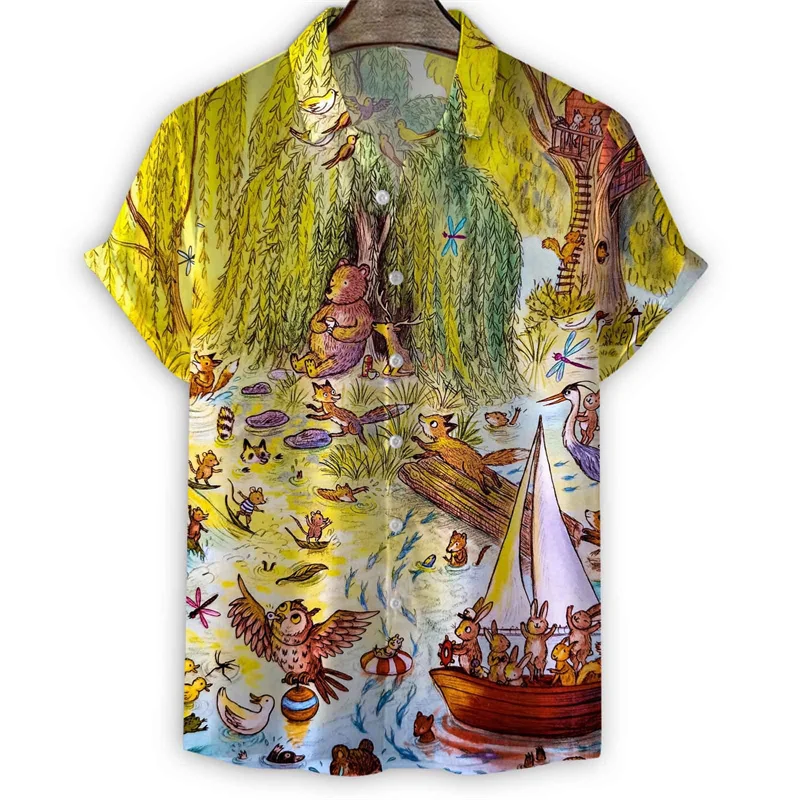 Fairy Tale Squirrel Bird Hawaiian Shirt Men Summer 3d Print Cartoon Painting Short Sleeves Shirts Harajuku Street Loose Blouse image 3