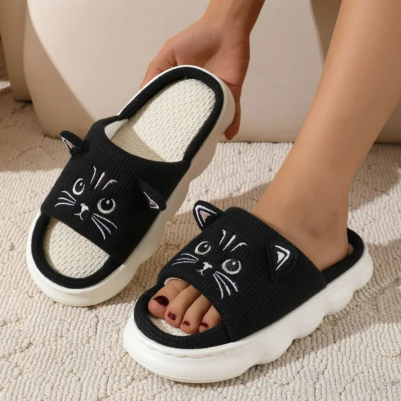 

Kidmi Cute kitty Women Slippers Fashion Breathable Indoor House Slippers Sweat-absorbing Linen Antiskid Casual Slippers