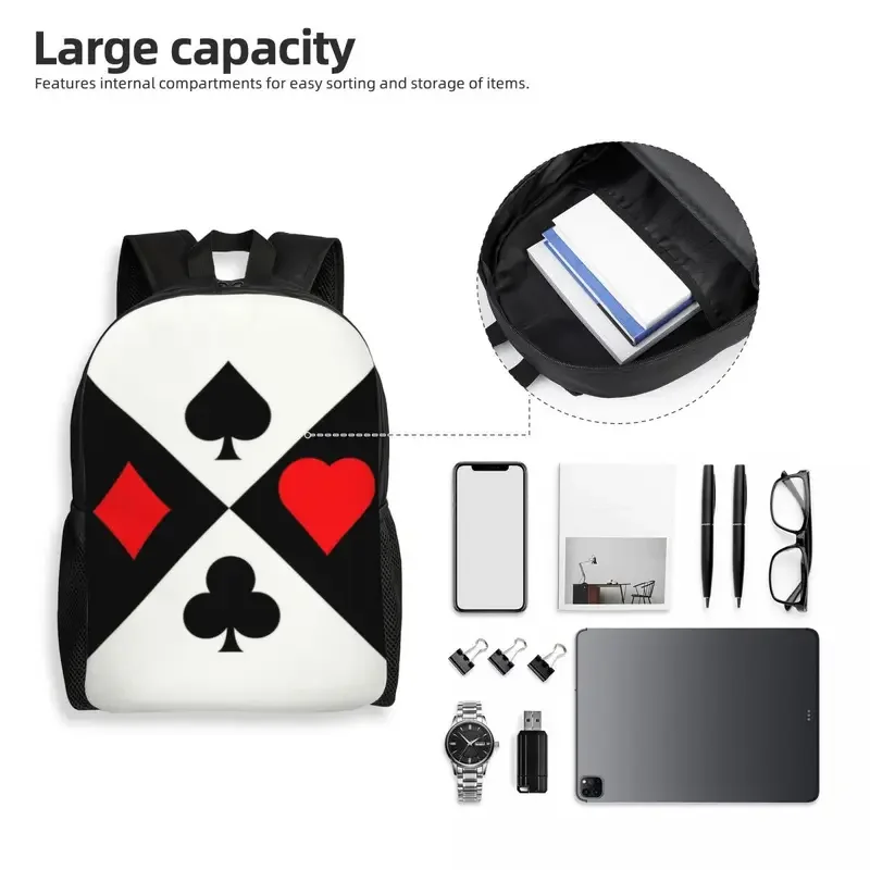 Poker Four Suits Mochilas, Waterproof School College Card Game Players Bag, Bookbags de impressão para homens e mulheres