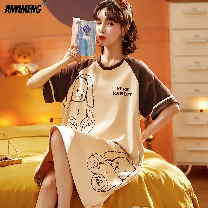 Women Nightgown Shorts Lolita Camisolas Summer Night Dress Cotton Sleepwear Leisure Home Dress Kawaii Printing Sleeping Lingerie