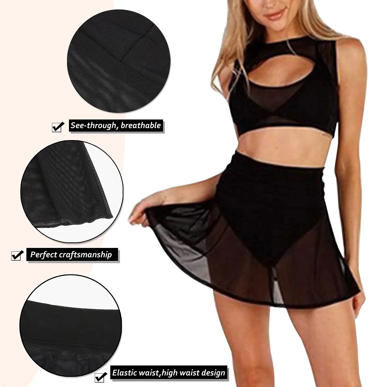 Women Ruffle Trim Sheer Beach Skirt Cover Up Solid Color Ladies Transparent High Waist Cover Ups Female Beachwear