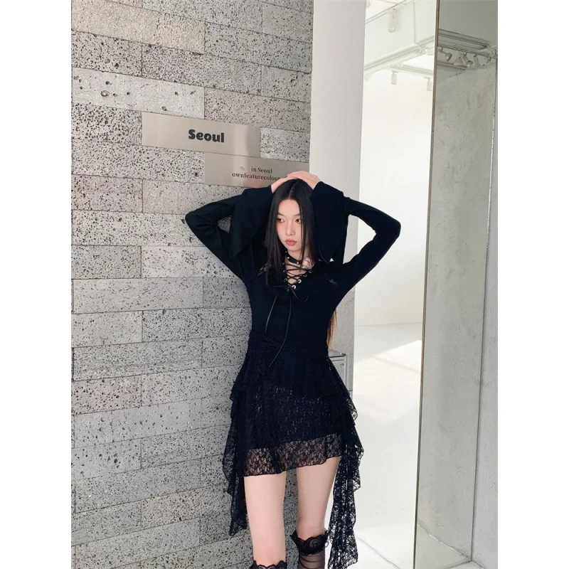 Minivestido de noche negro con paneles de encaje de punto Irregular Vintage, vestido gótico Punk con cuello en V, mangas con volantes, corte en A